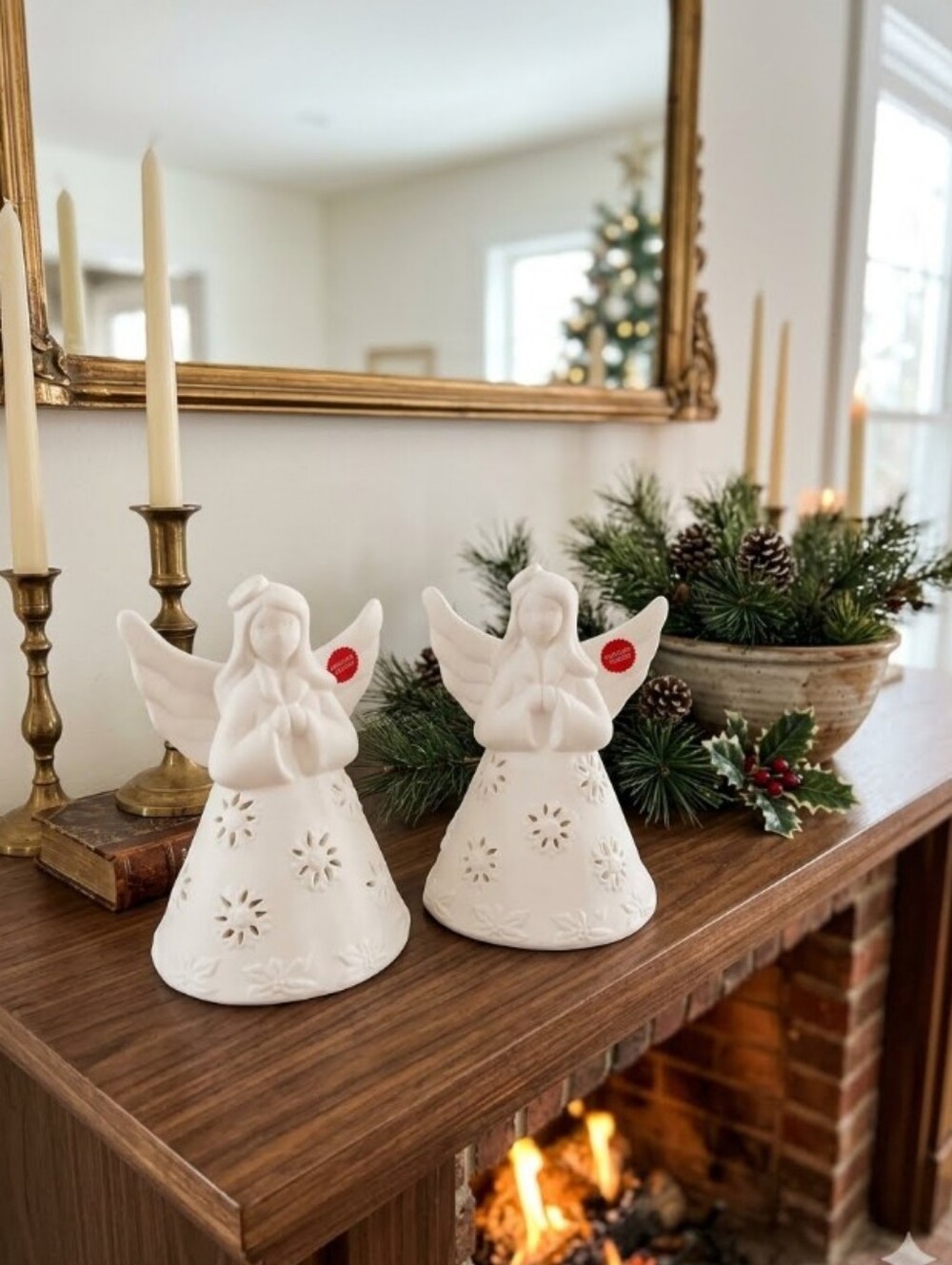 Holiday Ceramic Angel Light Up Decor Set Of 2 7in White Battery Operated NWT